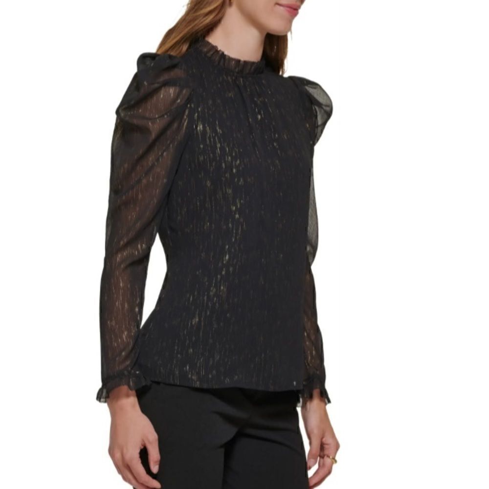 DKNY Long Sleeve Ruffle Black & Gold Blouse size Large w keyhole button closure